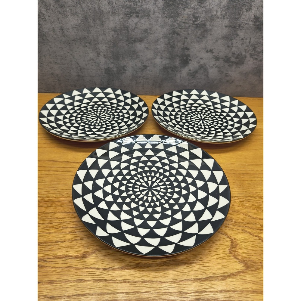 3 Thyme & Table Salad Plates Black Medallion Spanish Tile Stoneware Gold Rim‎